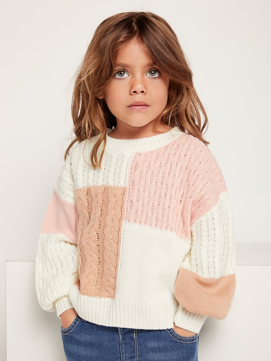 SHEIN Toddler Girls Colourblock Cable Knit Drop Shoulder Jumper