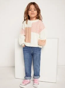 SHEIN Toddler Girls Colourblock Cable Knit Drop Shoulder Jumper