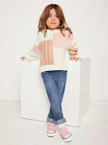 SHEIN Toddler Girls Colourblock Cable Knit Drop Shoulder Jumper