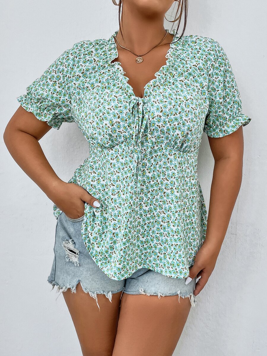 SHEIN Holidaya Plus Ditsy Floral Print Tie Front Blouse - Mint Green - View 1
