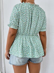 SHEIN Holidaya Plus Ditsy Floral Print Tie Front Blouse - Mint Green - View 2