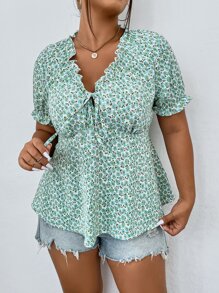 SHEIN Holidaya Plus Ditsy Floral Print Tie Front Blouse - Mint Green - View 5