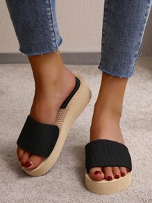Women Single Band Open Toe Sandals, Ankle Strap Wedge Slide Sandals For Vacation - Black - View 3