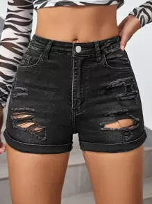 Washed Ripped Roll Up Hem Denim Shorts - Black - View 1