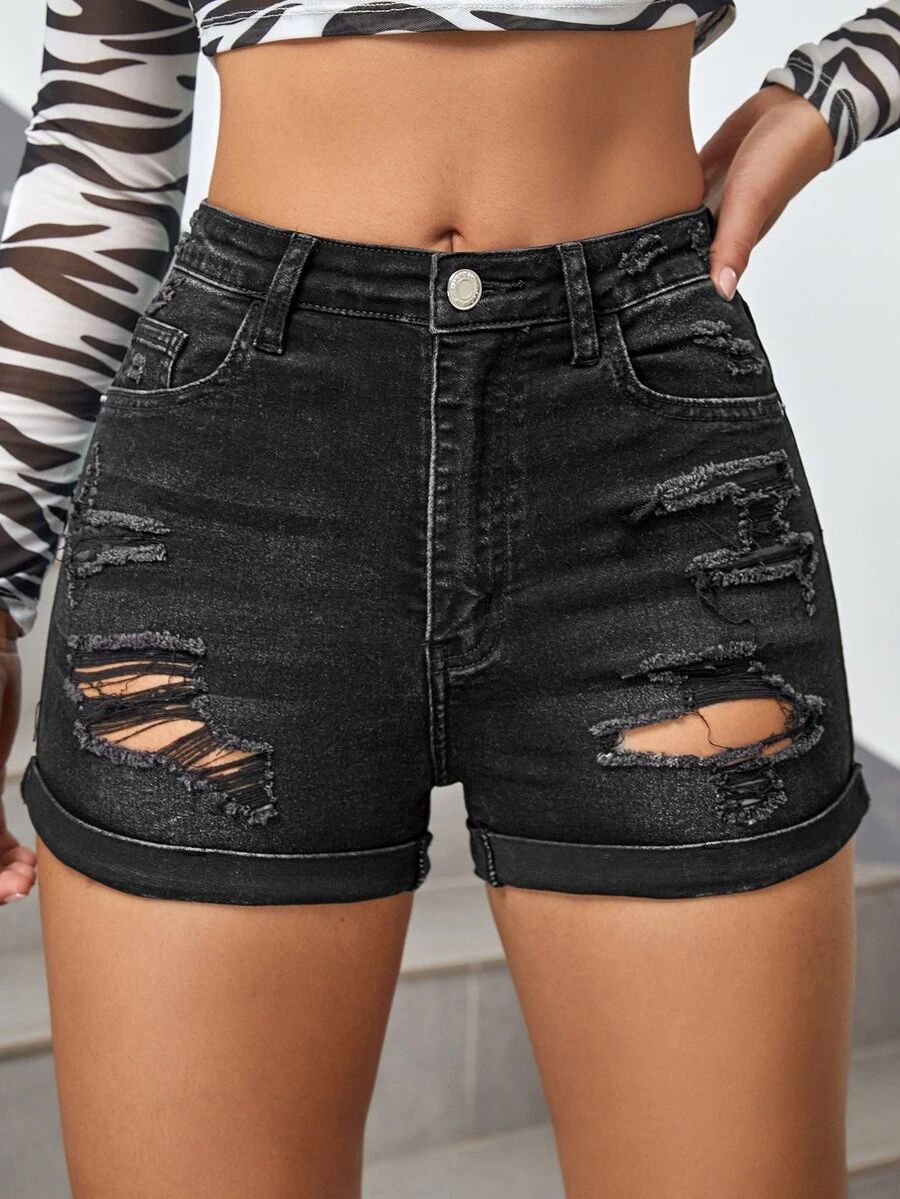 Washed Ripped Roll Up Hem Denim Shorts - Black - View 1