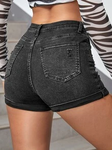Washed Ripped Roll Up Hem Denim Shorts - Black - View 2
