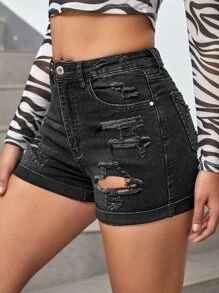 Washed Ripped Roll Up Hem Denim Shorts - Black - View 4