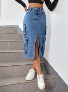 Flap Pocket Split Thigh Denim Skirt - Medium Wash - View 1