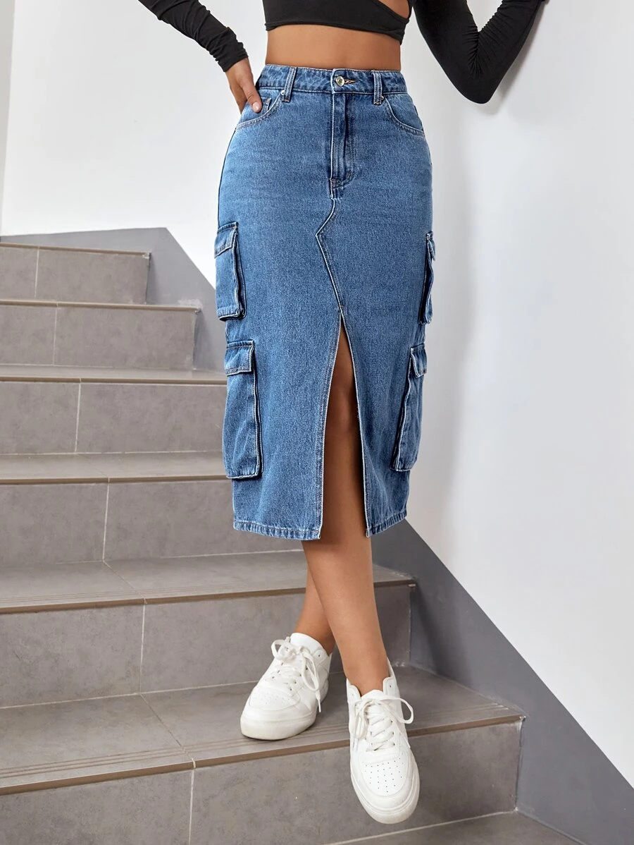 Flap Pocket Split Thigh Denim Skirt - Medium Wash - View 1