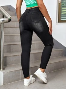 SHEIN ICON Ripped Detail Skinny Jeans - Dark Grey - View 2