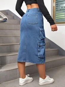 Flap Pocket Split Thigh Denim Skirt - Medium Wash - View 3