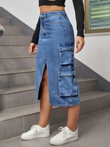 Flap Pocket Split Thigh Denim Skirt - Medium Wash - View 4