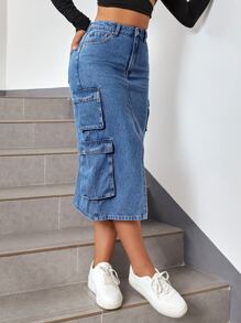Flap Pocket Split Thigh Denim Skirt - Medium Wash - View 2