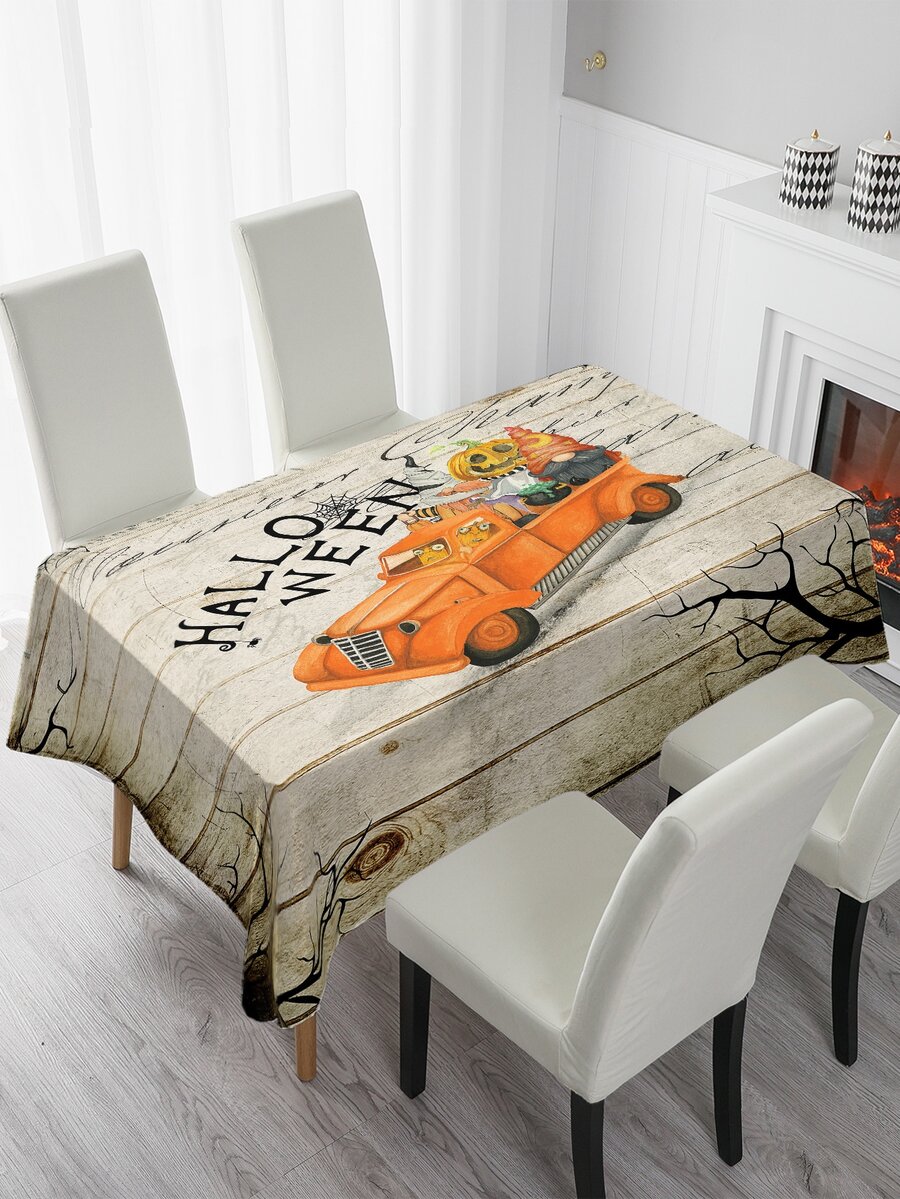 Halloween Car & Letter Graphic Tablecloth - Multicolor - View 1