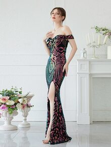 YISIKADO 一字肩高衩亮片舞會連衣裙 - 彩色 - 查看 5