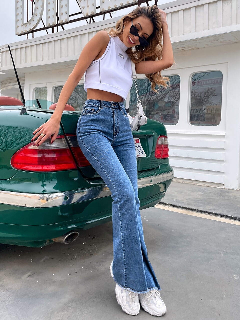 High-rise Raw Hem Flare Jeans