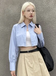 DAZY 纯色纽扣前短款衬衫、长袖上衣、秋季学院风上衣 - 藍色 - 查看 4