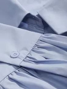 DAZY 纯色纽扣前短款衬衫、长袖上衣、秋季学院风上衣 - 藍色 - 查看 5