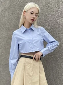 DAZY 纯色纽扣前短款衬衫、长袖上衣、秋季学院风上衣 - 藍色 - 查看 7