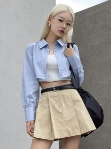 DAZY 纯色纽扣前短款衬衫、长袖上衣、秋季学院风上衣 - 藍色 - 查看 9