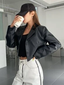 DAZY Lapel Neck PU Crop Jacket - Black - View 6