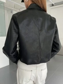 DAZY Lapel Neck PU Crop Jacket - Black - View 2