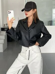 DAZY Lapel Neck PU Crop Jacket - Black - View 3