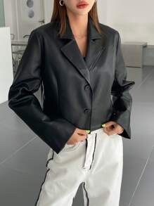DAZY Lapel Neck PU Crop Jacket - Black - View 8