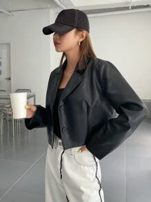 DAZY Lapel Neck PU Crop Jacket - Black - View 7