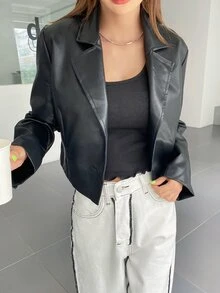 DAZY Lapel Neck PU Crop Jacket - Black - View 11