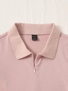 SHEIN EZwear 半拉鏈素色連身短褲 - 淺粉色 - 查看 3