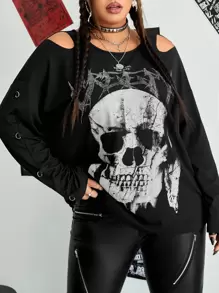 ROMWE PUNK Áo thun Plus size Cắt ra Lễ Các Thánh Giải trí - màu đen - Xem 1