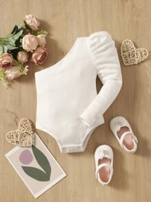 SHEIN Bodysuits Em bé Nút Xù Gân đan màu trơn - trắng - Xem 1