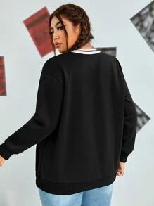 SHEIN EZwear Plus Letter Graphic Striped Trim Drop Shoulder Pullover - Black - View 2