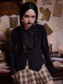 ROMWE Dark Academia Chemise unicolore à volants à bouton - Noir - Voir 1