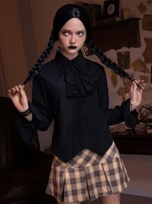 ROMWE Dark Academia Chemise unicolore à volants à bouton - Noir - Voir 2