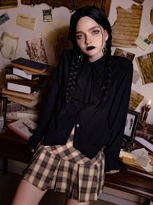 ROMWE Dark Academia Chemise unicolore à volants à bouton - Noir - Voir 4