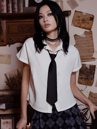 Academia Solid Button Front Shirt Without Tie, School