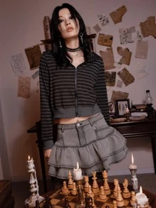 ROMWE Academia Striped Zip Up Crop Hoodie - Multicolor - View 2