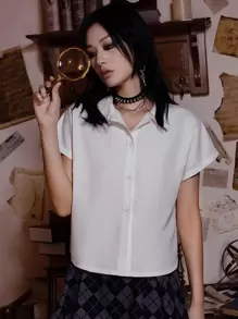 ROMWE Academia Áo sơ mi cài nút phía trước không cà vạt, trường học - trắng - Xem 4