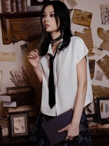 ROMWE Academia Áo sơ mi cài nút phía trước không cà vạt, trường học - trắng - Xem 5