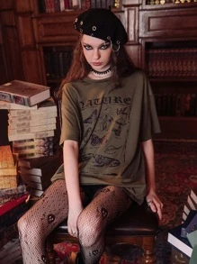 ROMWE Academia Letter Butterfly & Mushroom Graphic Oversized Tee - Army Green - View 1