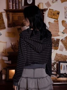 ROMWE Academia Striped Zip Up Crop Hoodie - Multicolor - View 6