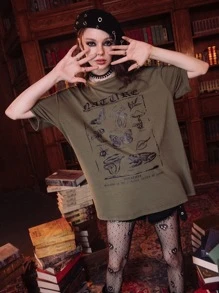 ROMWE Academia Letter Butterfly & Mushroom Graphic Oversized Tee - Army Green - View 3
