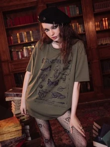 ROMWE Academia Letter Butterfly & Mushroom Graphic Oversized Tee - Army Green - View 4