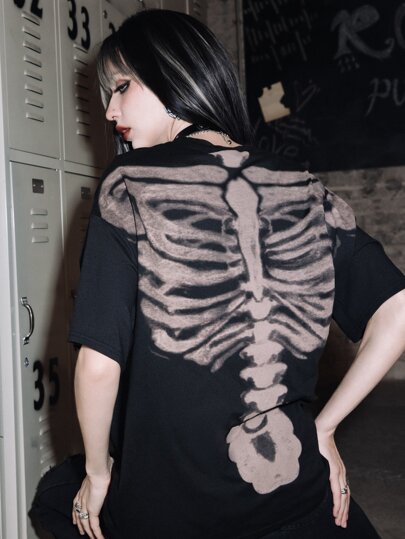 ROMWE Grunge Punk Skeleton Graphic Drop Shoulder Tee