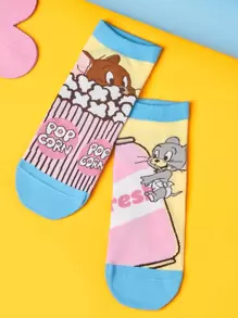 TOM & JERRY X SHEIN 兩雙卡通圖案短襪 - 彩色 - 查看 7