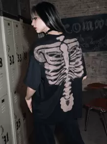 ROMWE Grunge Punk Skelett-Grafikshirt mit breiten Schultern, Schule, unisex