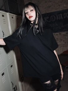 ROMWE Grunge Punk Skelett-Grafikshirt mit breiten Schultern, Schule, unisex