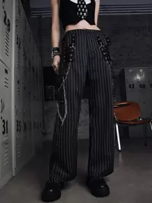 ROMWE Grunge Punk Pantalones con decoración de cadena a rayas, para la escuela